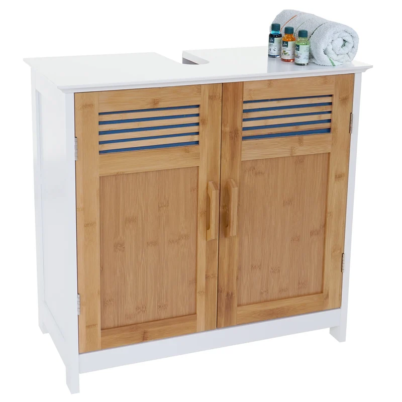 Meuble vasque meuble de salle de bain avec portes et étagère 60x60x30cm blanc et bambou 04_0001487