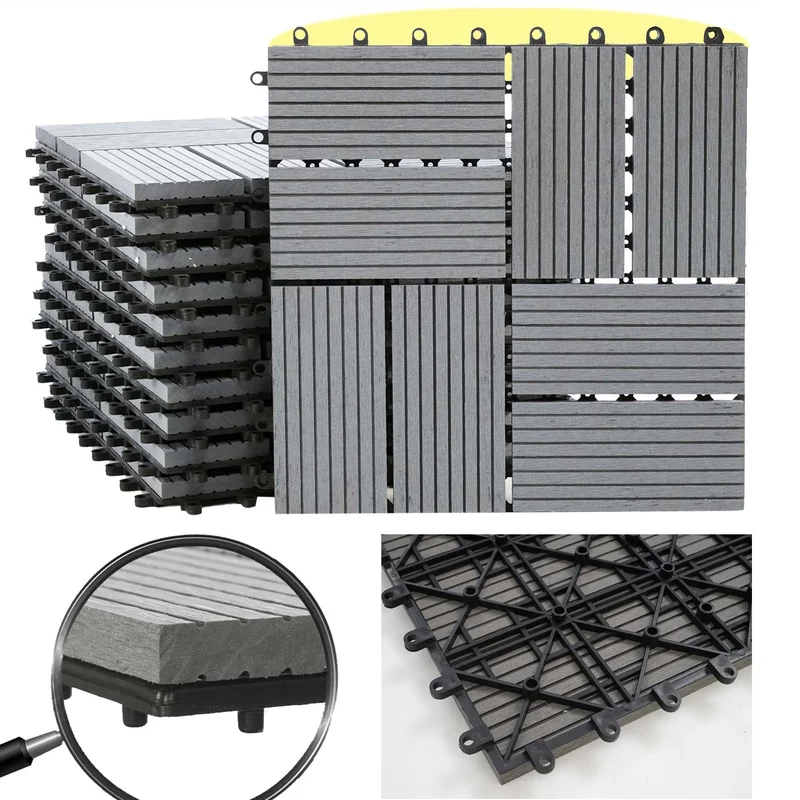 Set de 11 dalles de terrasse aspect bois WPC pour balcon jardin terrasse 30x30cm 1m² base gris carrés 04_0005496
