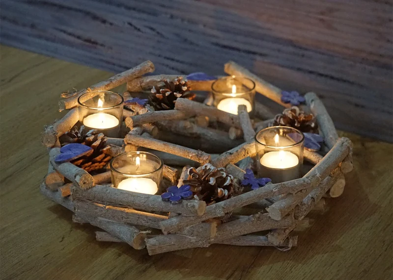 Couronne de l'Avent ronde avec photophores décoration de Noël bois Ø 30cm violet-gris 04_0002561