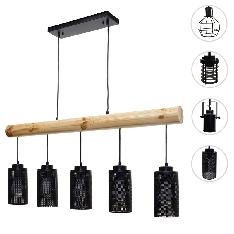 Lampe à suspension de plafond style vintage industriel en bois massif métal noir 5 abat-jour en tube 04_0003600