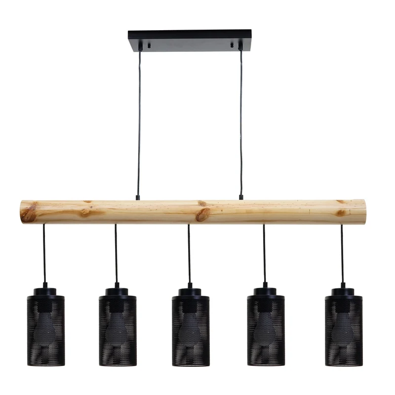Lampe à suspension de plafond style vintage industriel en bois massif métal noir 5 abat-jour en tube 04_0003600