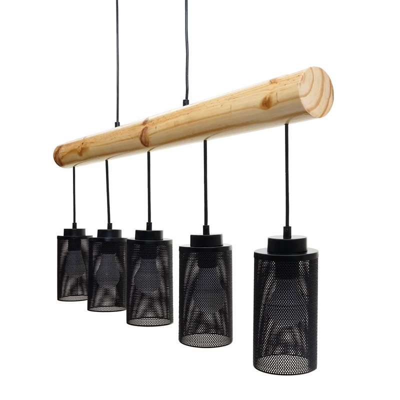 Lampe à suspension de plafond style vintage industriel en bois massif métal noir 5 abat-jour en tube 04_0003600