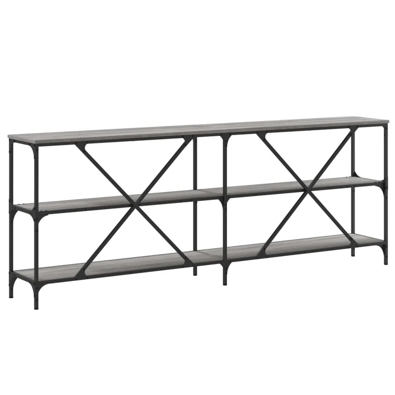 Table console d'entrée fonctionnel et stylé avec étagères 200 x 30 x 75 cm bois d'ingénierie gris et fer DEC032232