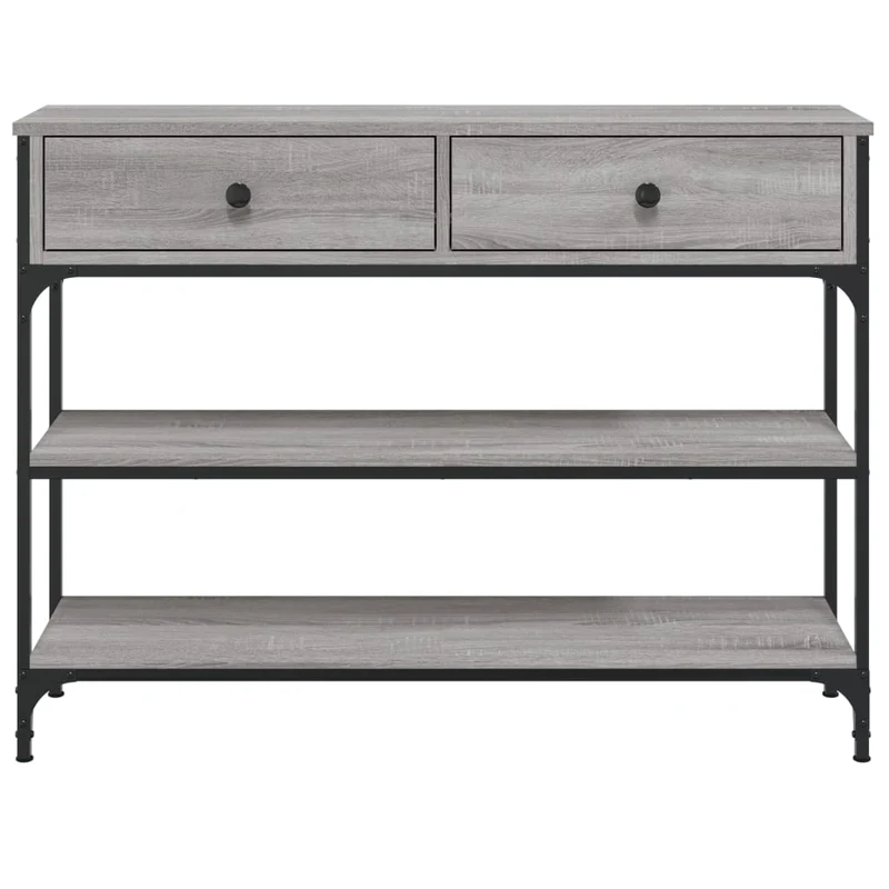 Table console d'entrée fonctionnel et stylé avec étagères et tiroirs 100 x 25 x 75 cm bois d'ingénierie gris et métal DEC032186