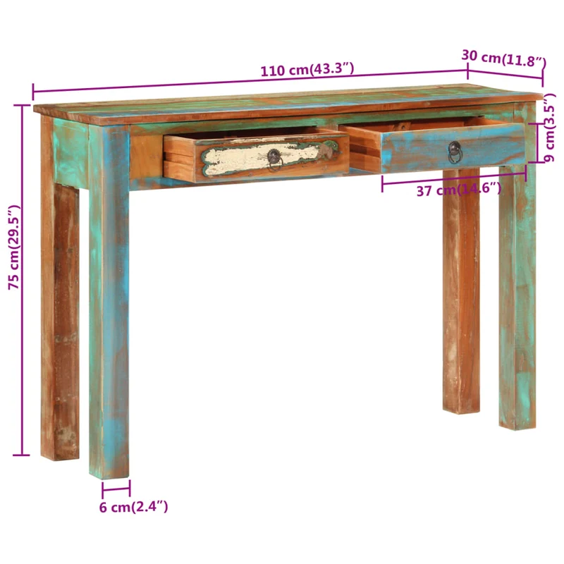 Table console d'entrée fonctionnel et stylé avec tiroirs 110 x 30 x 75 cm bois massif de récupération DEC031511