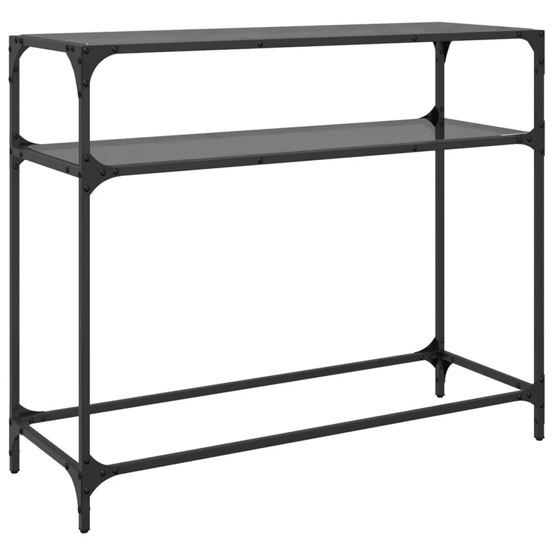 Table console d'entrée fonctionnel et stylé avec étagères 98 x 35 x 81 cm acier noir et verre DEC031346