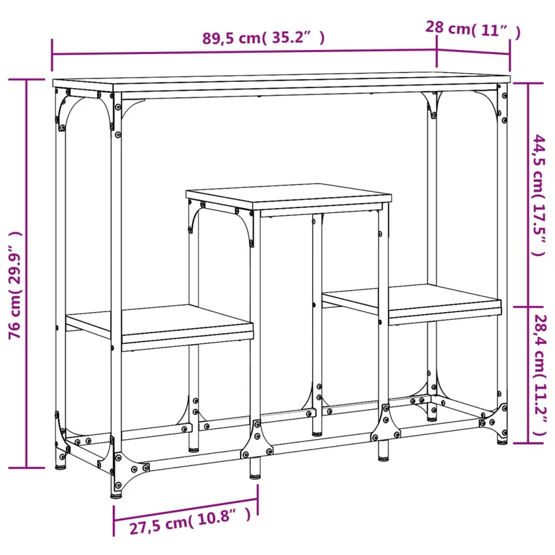 Table console d'entrée fonctionnel et stylé avec étagères 89,5 x 28 x 76 cm bois d'ingénierie gris et métal DEC032253