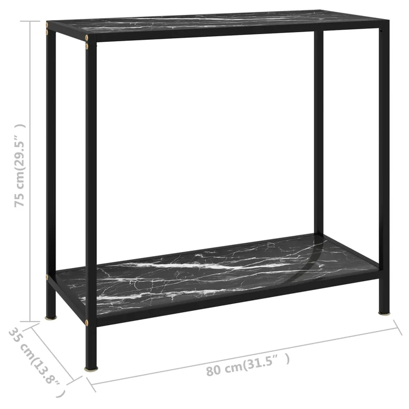 Table console d'entrée fonctionnel et stylé 80 x 35 x 75 cm verre trempé aspect marbre noir et acier DEC032167