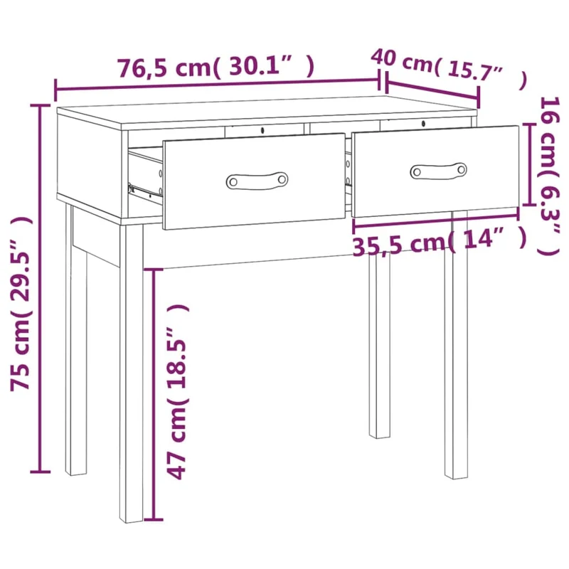 Table console d'entrée fonctionnel et stylé avec tiroirs 76,5 x 40 x 75 cm bois massif de pin noir DEC032161