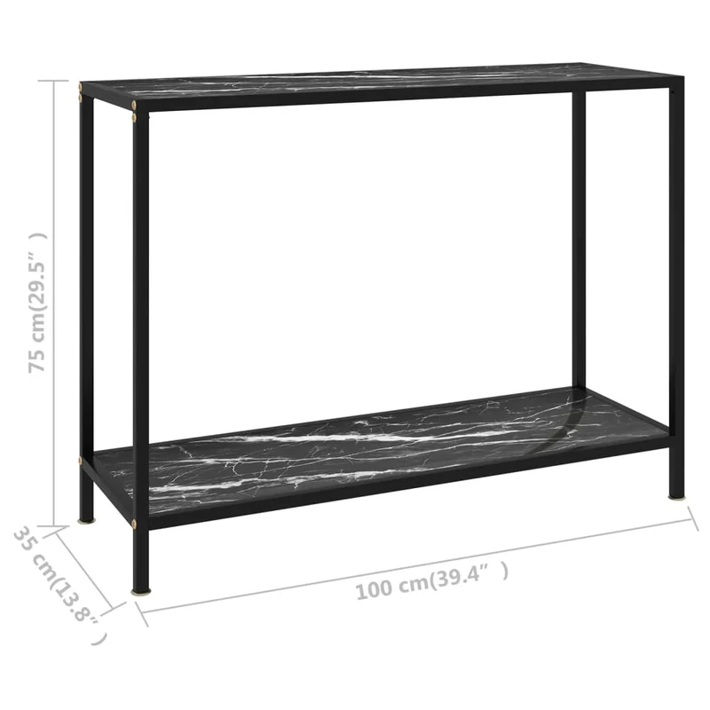 Table console d'entrée fonctionnel et stylé 100 x 35 x 75 cm verre trempé aspect marbre noir et acier DEC032080