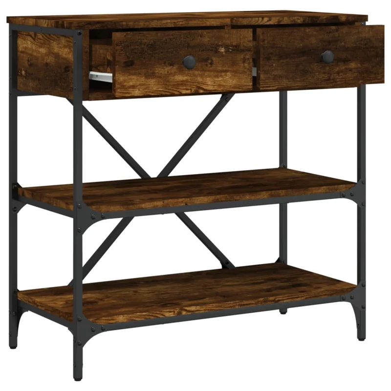 Table console d'entrée fonctionnel et stylé avec étagères et tiroirs 75 x 34,5 x 75 cm bois d'ingénierie marron et métal DEC031812