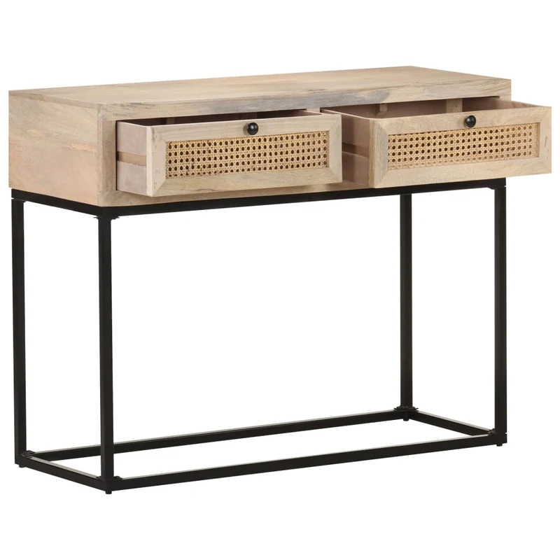 Table console d'entrée fonctionnel et stylé avec tiroirs 100x35x76 cm bois de manguier canne et acier DEC031498