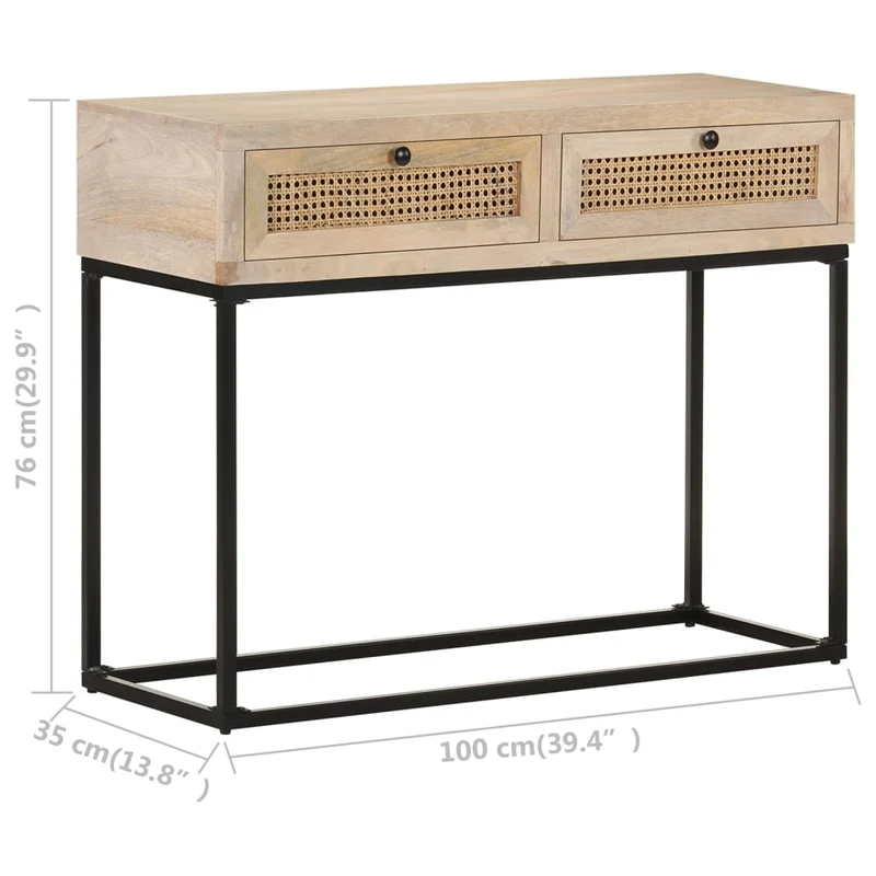 Table console d'entrée fonctionnel et stylé avec tiroirs 100x35x76 cm bois de manguier canne et acier DEC031498