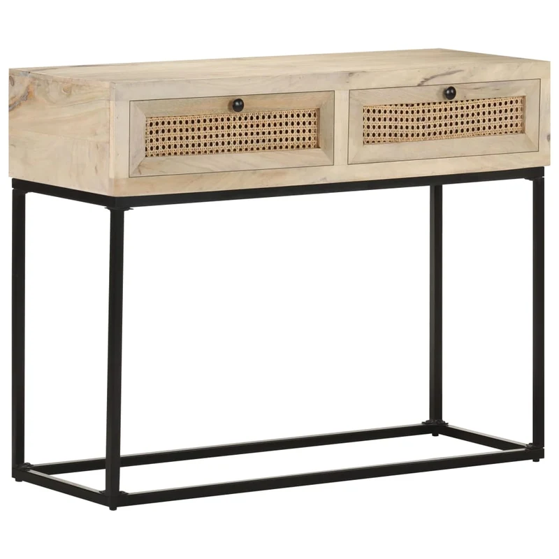 Table console d'entrée fonctionnel et stylé avec tiroirs 100x35x76 cm bois de manguier canne et acier DEC031498