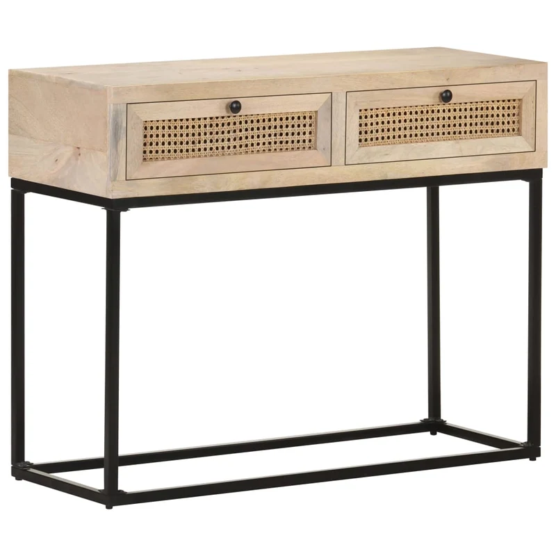 Table console d'entrée fonctionnel et stylé avec tiroirs 100x35x76 cm bois de manguier canne et acier DEC031498