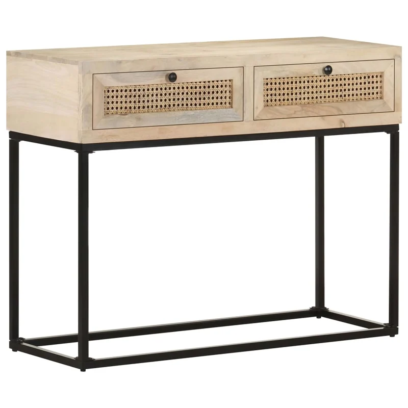 Table console d'entrée fonctionnel et stylé avec tiroirs 100x35x76 cm bois de manguier canne et acier DEC031498