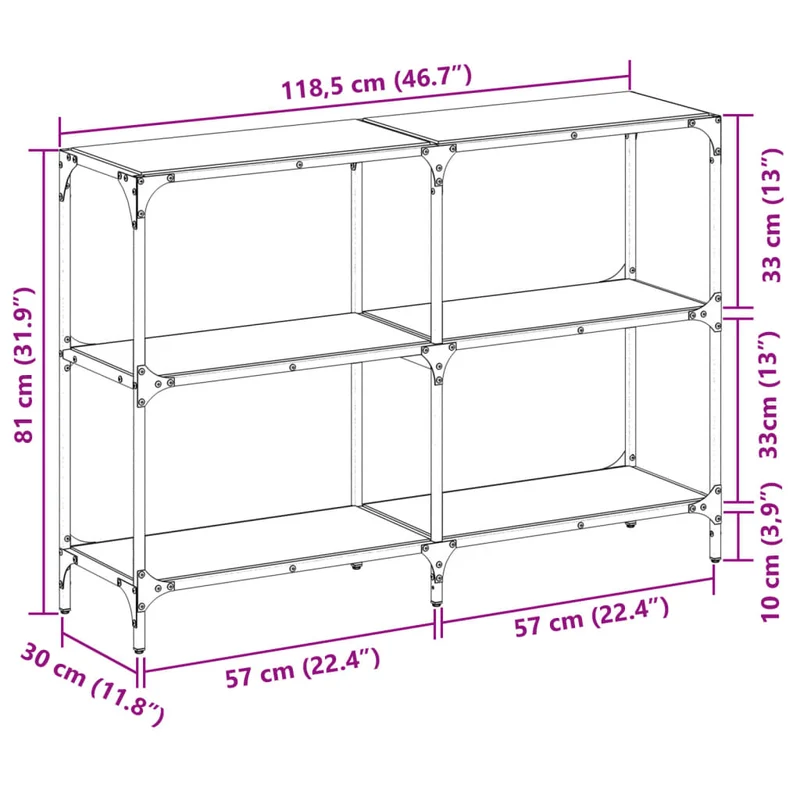 Meuble console d'entrée moderne table d'appoint avec étagères 118,5 x 30 x 81 cm verre transparent et acier DEC031347