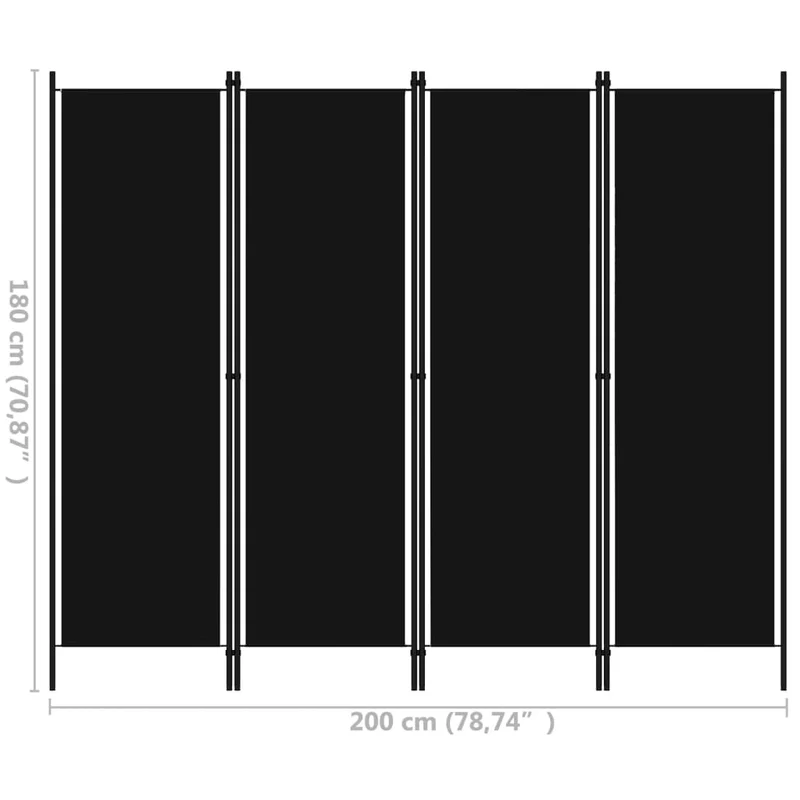 Paravent séparateur de pièce cloison 4 panneaux 200 x 180 cm en tissu noir et fer DEC030904