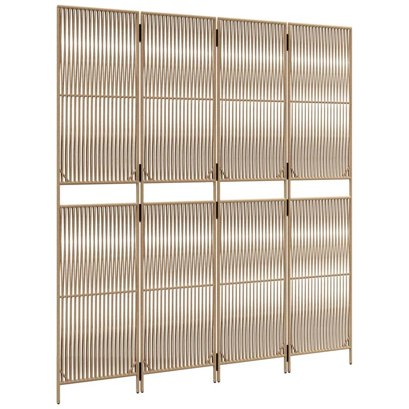 Paravent séparateur de pièce cloison 4 panneaux en résine tressée beige et acier DEC030830