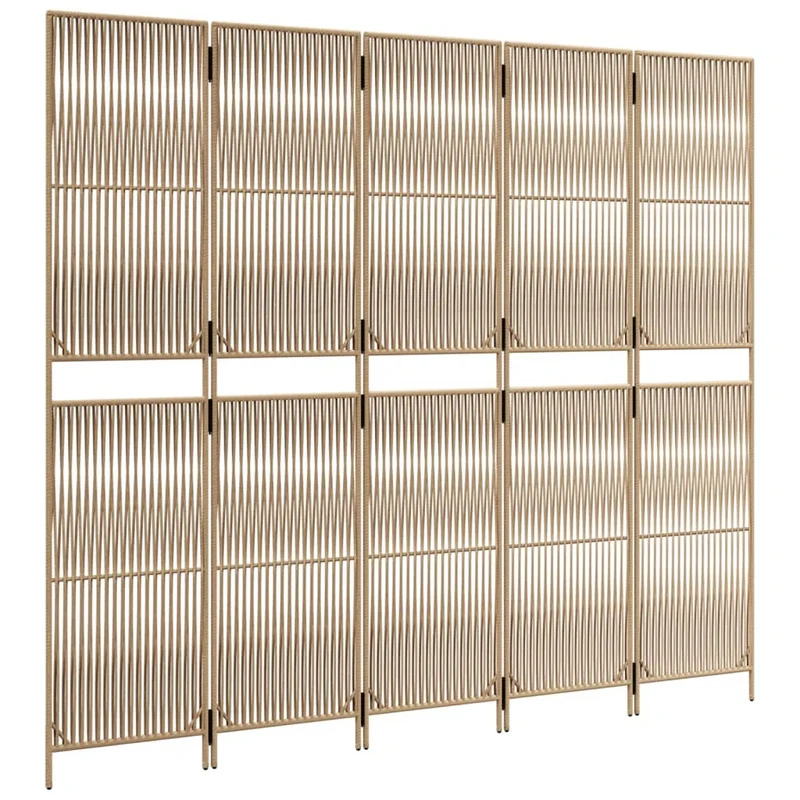 Paravent séparateur de pièce cloison 5 panneaux en résine tressée beige cadre en acier DEC030939