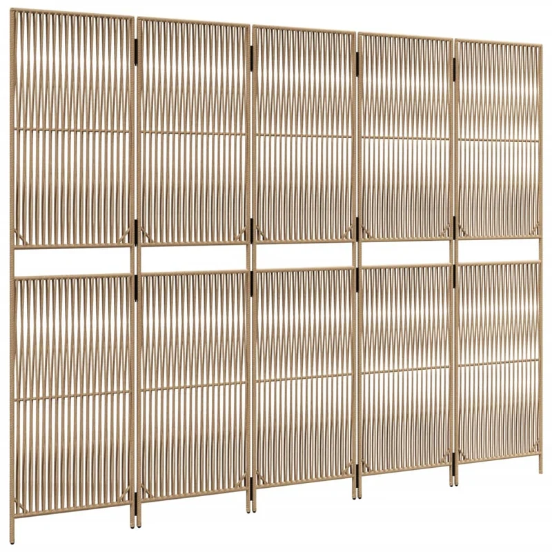 Paravent séparateur de pièce cloison 5 panneaux en résine tressée beige et acier DEC030936