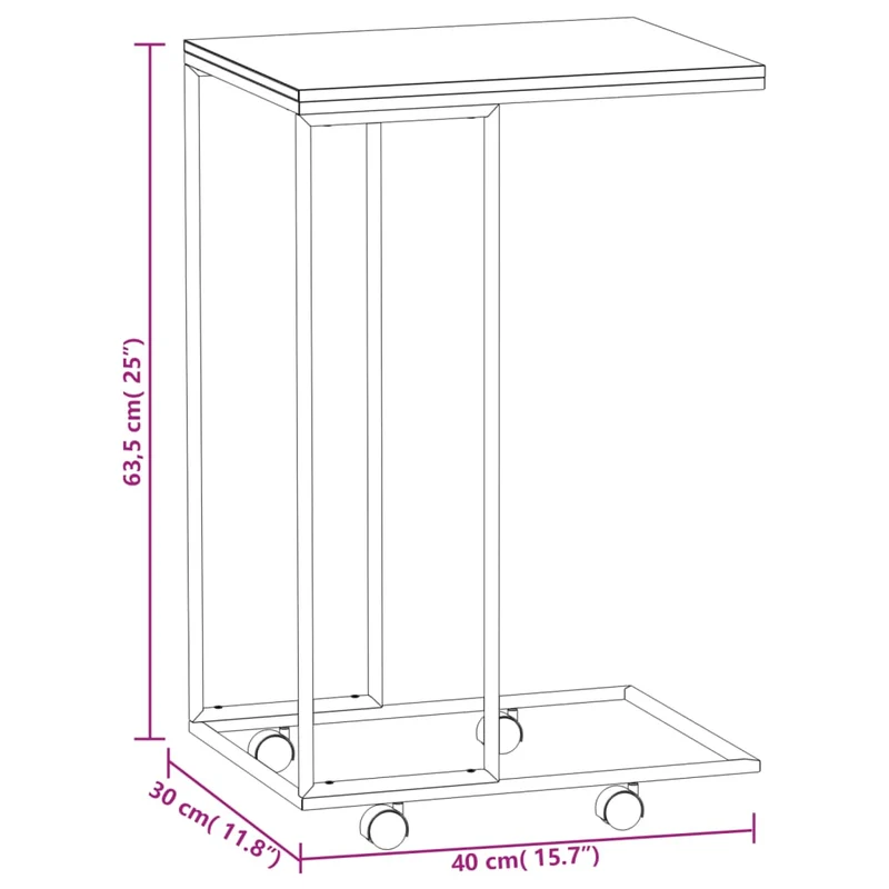 Table d'appoint en forme de C sur roulettes 40 x 30 x 63,5 cm bois d'ingénierie marron et fer noir DEC031297