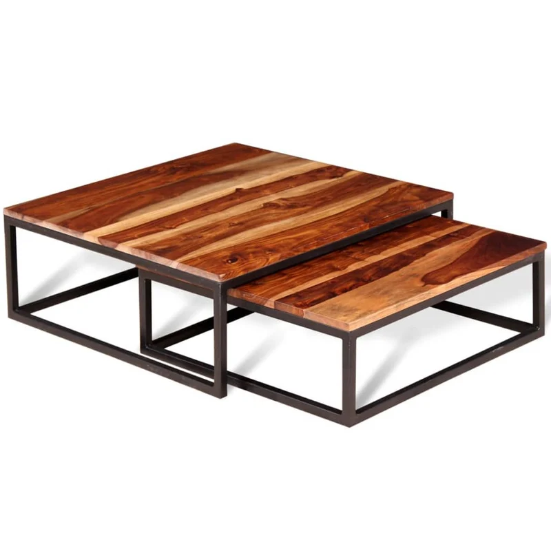 Lot de 2 table basse gigogne en bois massif brun DEC031252