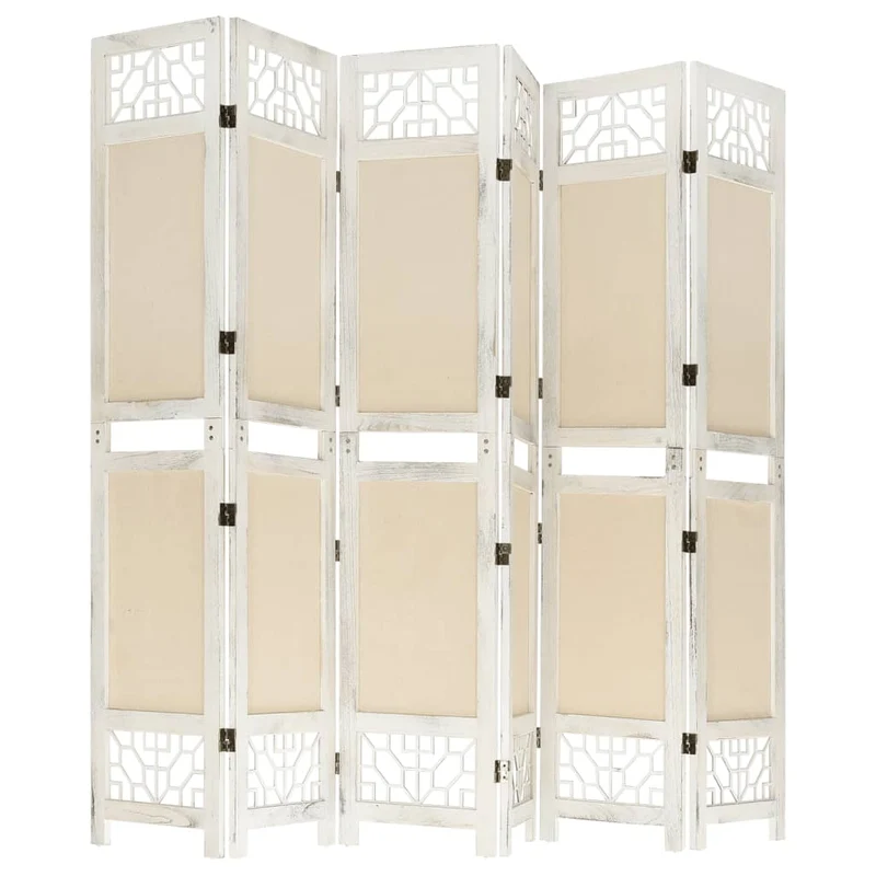 Paravent séparateur de pièce cloison 6 panneaux 210 x 165 cm tissu crème et MDF DEC031072