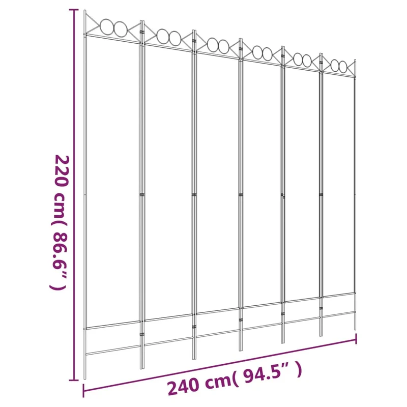 Paravent séparateur de pièce cloison 6 panneaux 240 x 220 cm tissu blanc et fer DEC031046
