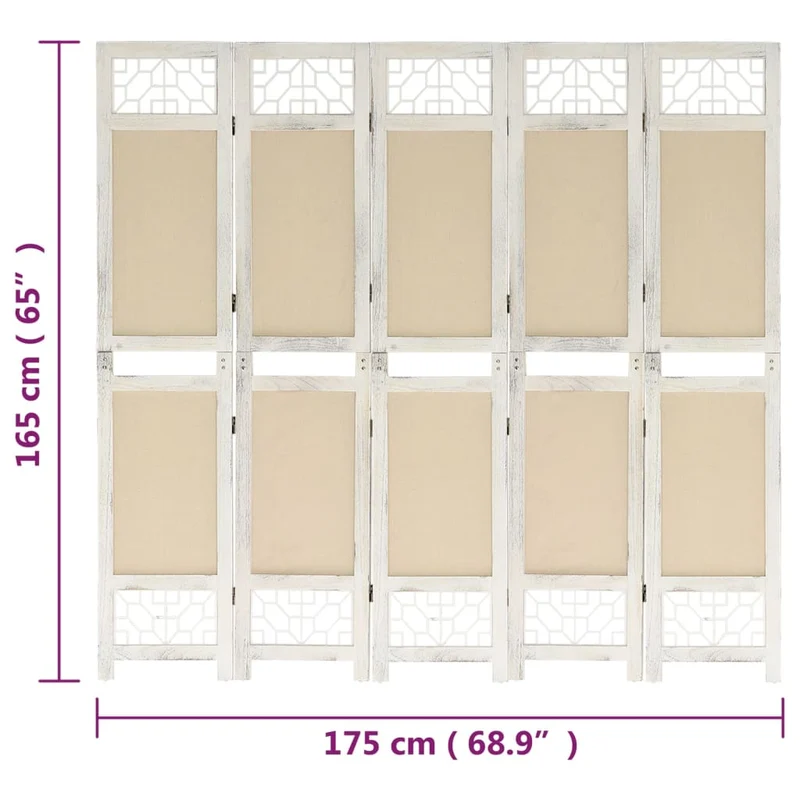Paravent séparateur de pièce cloison 5 panneaux 175 x 165 cm tissu crème et MDF DEC030968