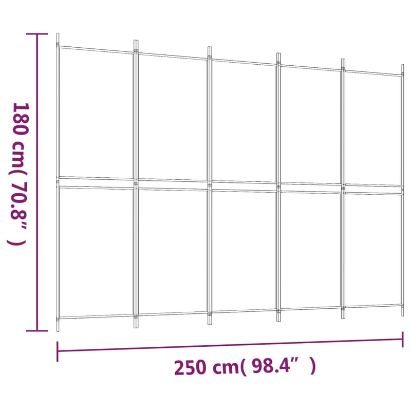 Paravent séparateur de pièce cloison 5 panneaux 250 x 180 cm tissu blanc et fer DEC030946