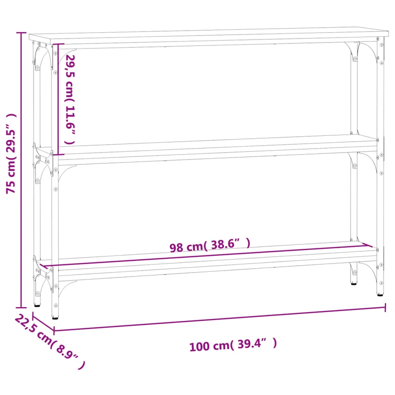 Table d'appoint console pratique avec étagères pour une entrée organisée 100 x 22,5 x 75 cm bois d'ingénierie gris et métal DEC032185