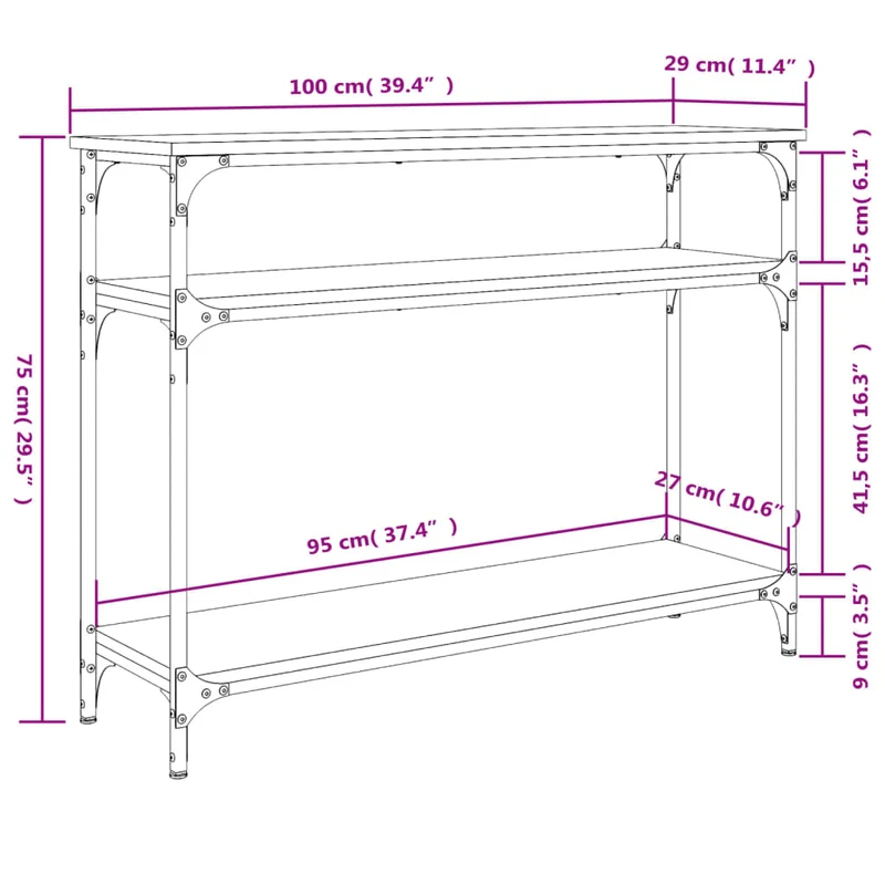 Table d'appoint console pratique avec étagères pour une entrée organisée 100 x 29 x 75 cm bois d'ingénierie et métal DEC031830