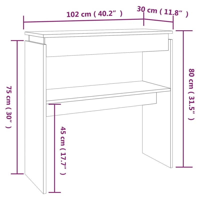 Table console d'entrée fonctionnel et stylé avec étagère 102 x 30 x 80 cm bois d'ingénierie DEC031779