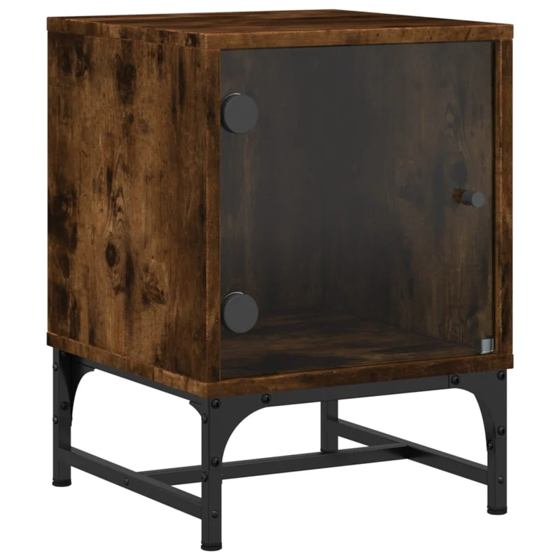 Lot de 2 tables de chevet avec portes vitrées 35 x 37 x 50 cm bois d'ingénierie marron verre et acier DEC035976