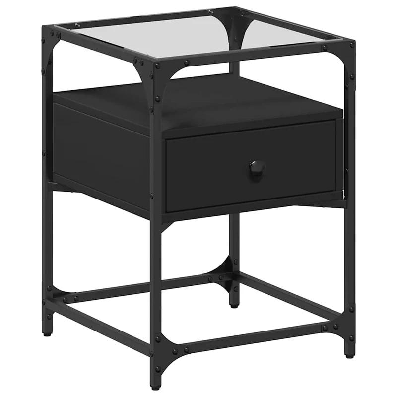Lot de 2 tables de chevet avec tiroir 40 x 40 x 55 cm bois d’ingénierie noir acier et verre DEC035581