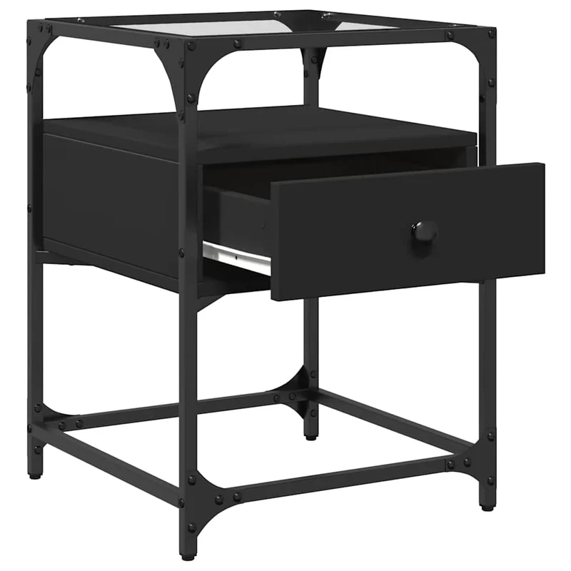 Lot de 2 tables de chevet avec tiroir 40 x 40 x 55 cm bois d’ingénierie noir acier et verre DEC035581