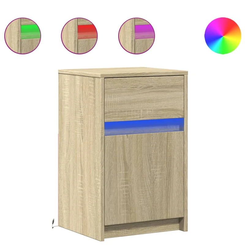 Table de chevet avec lumières LED 38 x 34 x 61 cm bois d'ingénierie couleur chêne DEC032776