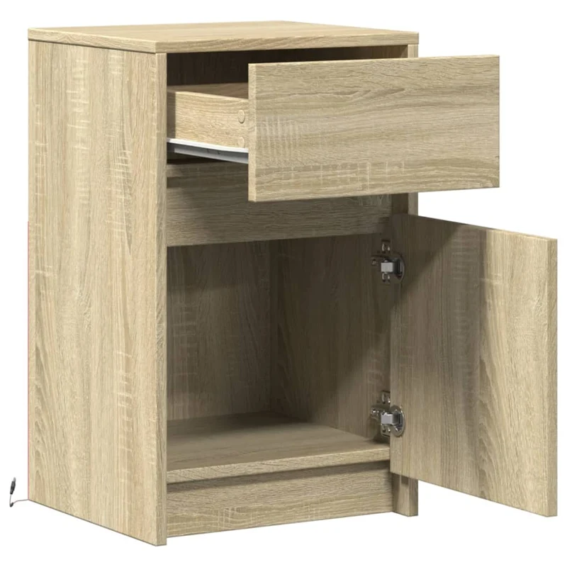 Table de chevet avec lumières LED 38 x 34 x 61 cm bois d'ingénierie couleur chêne DEC032776