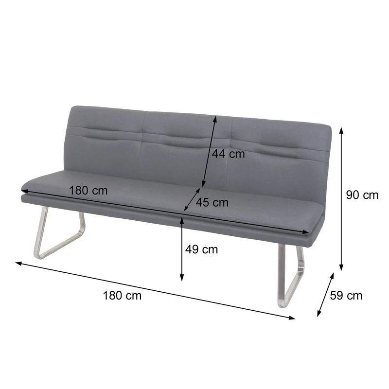 Banc de salle à manger banquette rembourrée avec dossier en tissu marron et acier inoxydable brossé longueur 180 cm 04_0005852