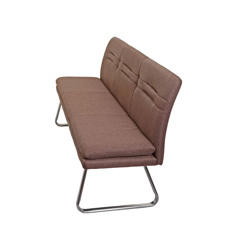 Banc de salle à manger banquette rembourrée avec dossier en tissu marron et acier inoxydable brossé longueur 180 cm 04_0005852