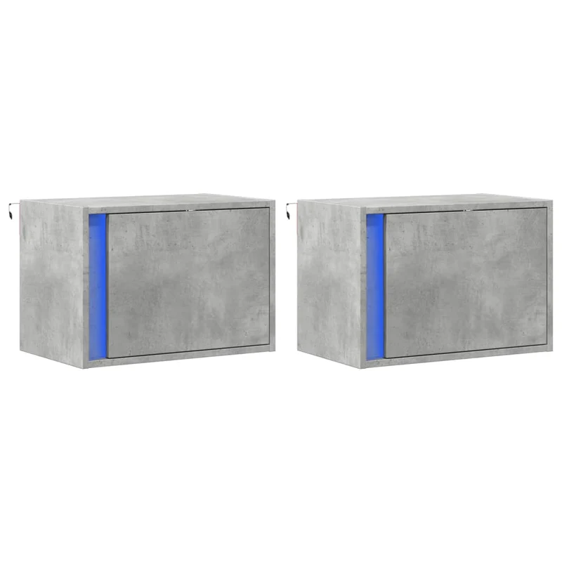 Lot de 2 tables de chevet murales avec lumières LED et compartiment avec porte en bois d'ingénierie gris DEC036157