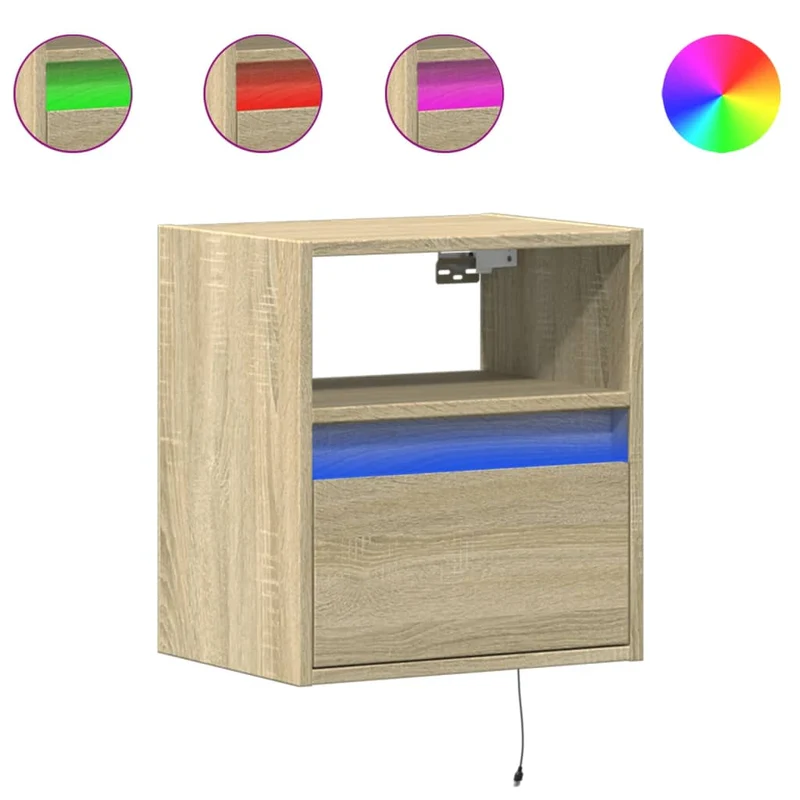 Lot de 2 tables de chevet murales avec lumières LED bois d'ingénierie couleur chêne DEC036148
