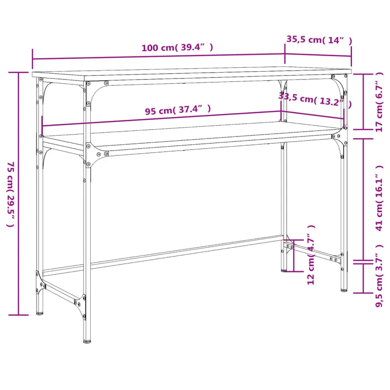 Table d'appoint console pratique avec étagères de rangement 100 x 35,5 x 75 cm bois d'ingénierie gris et métal DEC032200