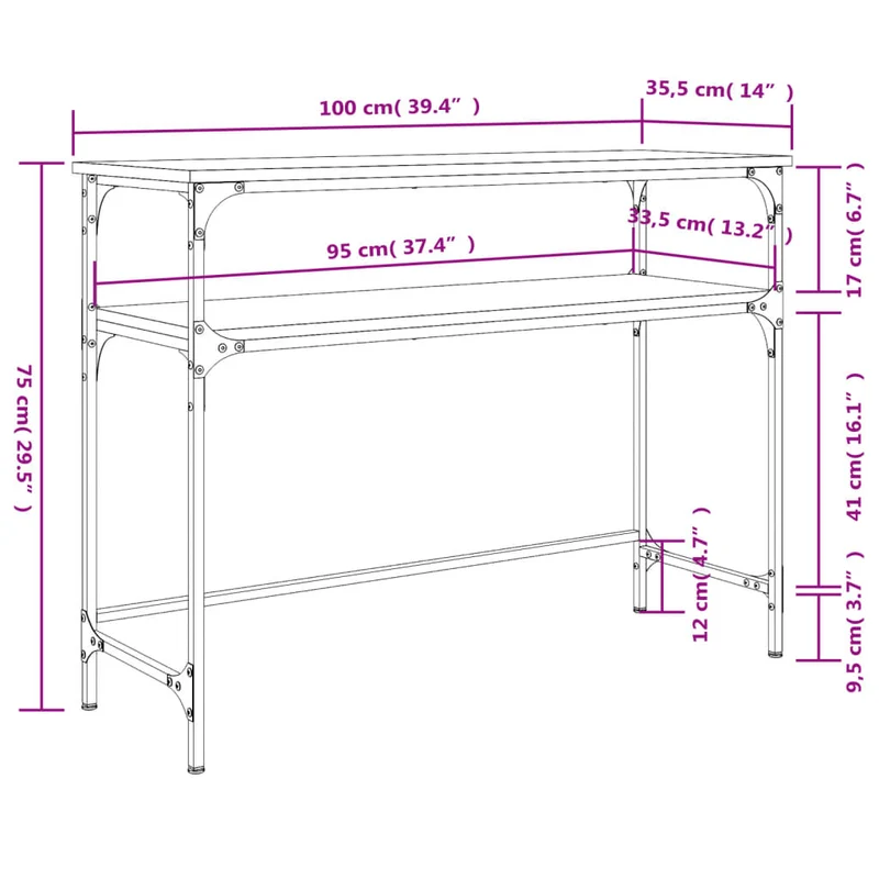 Table d'appoint console pratique avec étagères de rangement 100 x 35,5 x 75 cm bois d'ingénierie maron et métal DEC031840