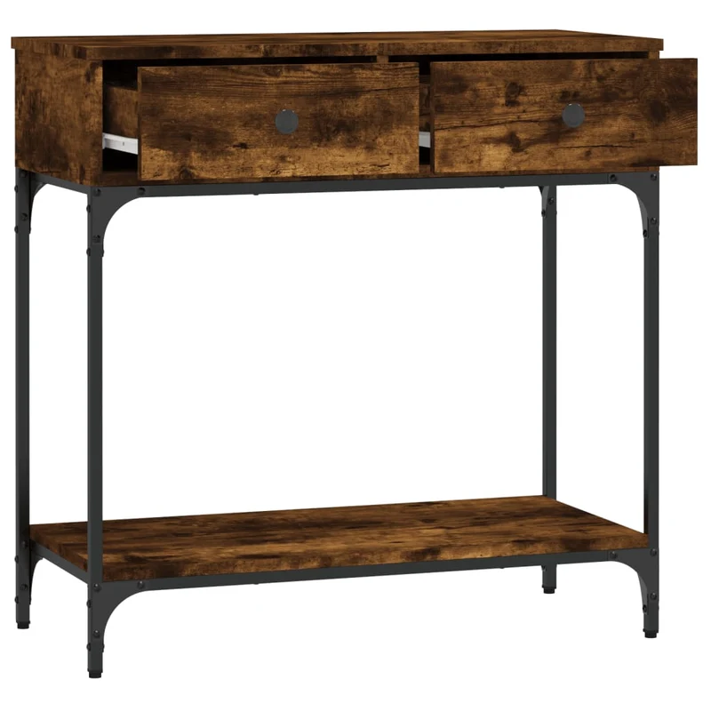 Table d'appoint console pratique avec deux tiroirs pour une entrée organisée 75 x 34,5 x 75 cm bois d'ingénierie marron et métal DEC031810