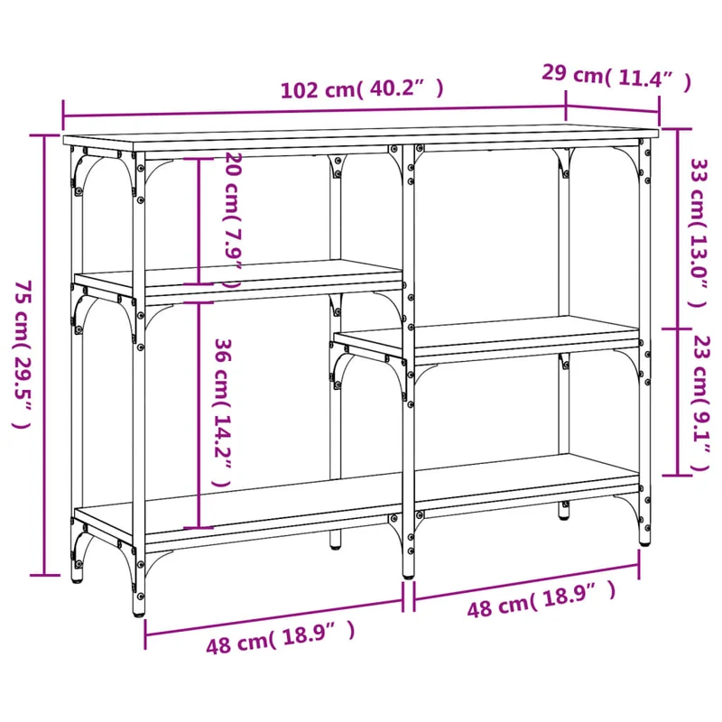 Table d'appoint console pratique avec étagères pour une entrée organisée 102 x 29 x 75 cm bois d'ingénierie et métal DEC031778