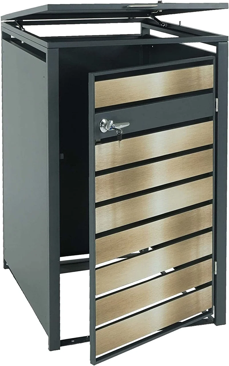 Abri de poubelle vérouillable en métal anthracite aspect bois doré MDJ04179