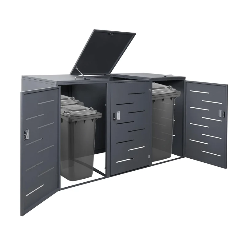 Abri de poubelles extérieur conteneurs à ordures avec couvercle jusqu'à 6 bacs 116x212x98 cm en acier anthracite 04_0005618