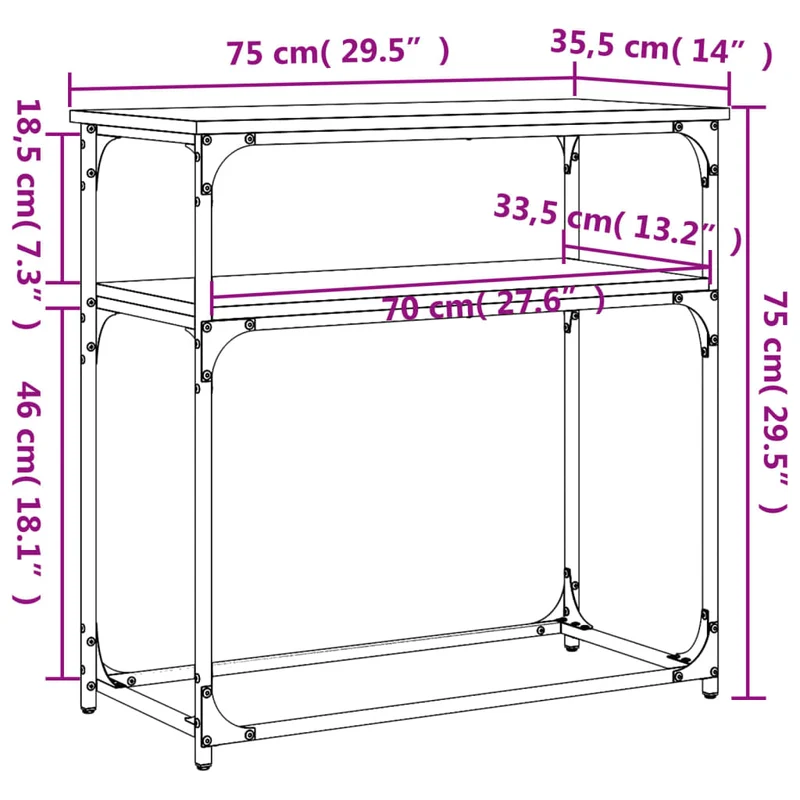 Table d'appoint console pratique avec étagères pour une entrée organisée 75 x 35,5 x 75 cm bois d'ingénierie marron et métal DEC031815